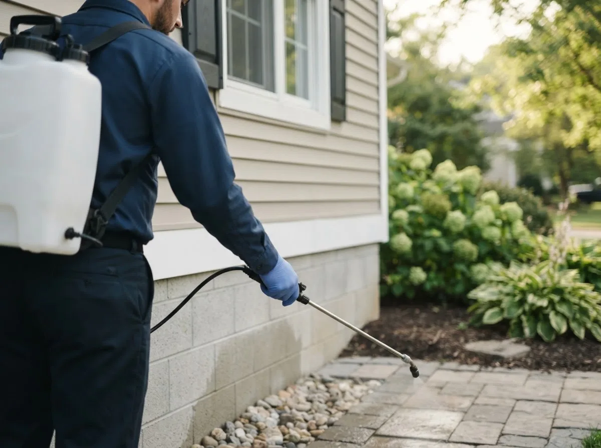 Pest control technician inspecting a home in Cross Timbers, MO